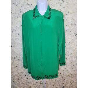 Silk‎ Boutique Emerald Green Silk Blouse NWT Size M Vintage Button